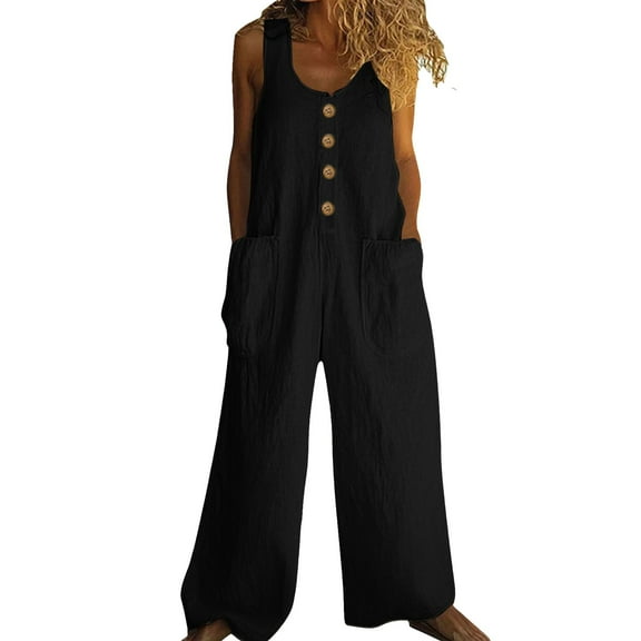 GILIGEGE Women's Casual Loose Overalls Jumpsuits One Piece Sleeveless Wide Leg Long Pant Rompers with Pockets Wide Leg Palazzo Pants Tank Jumpsuit Button Down Loose Bib Overalls Summer Linen Jumpsuit
