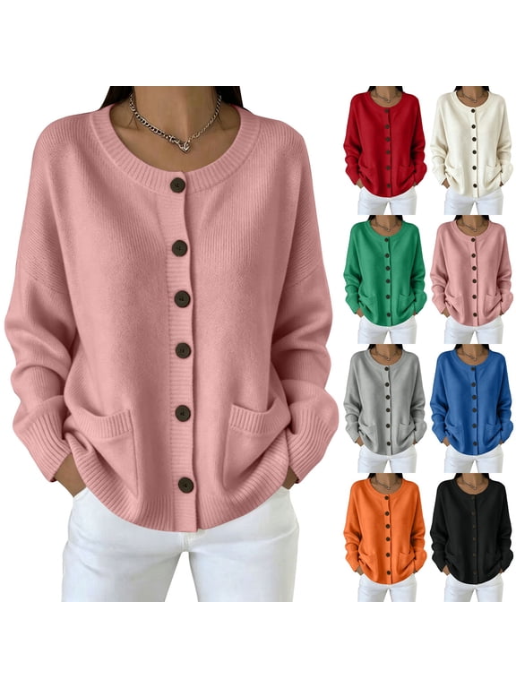 Women's Crew Neck Knit Cardigan,Long Sleeve Button Down Loose Sweater Coat with Side Pockets,Soft Casual Outerwear Trendy Fall Fashion for City Strolls Chunky Knit Cardigans Pink S