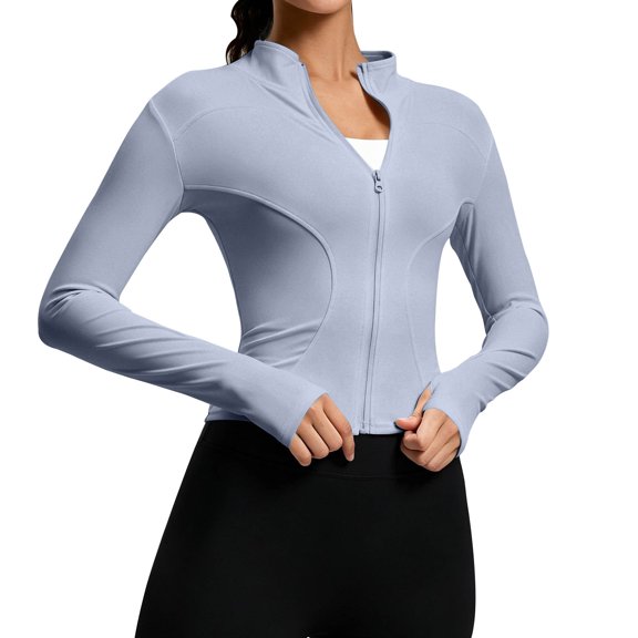 GILIGEGE Women's Cropped Lightweight Stretchy Running Track workout jacket Zip Up Long Sleeve Athletic Cardigan Yoga Tops Sportwear with Thumb Holes Sun Shirt Outdoor Hiking Jacket Sky Blue S