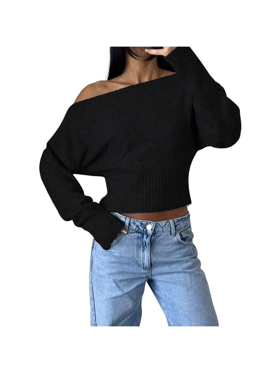 Women's Cropped Sweaters,Long Sleeve Off The Shoulder Sweater,Fall Winter Knit Tops Asymmetrical Neck Trendy Pullover,Cute Tight Banded Waist Lightweight Loose Fit Y2k Going Out Tops Black L