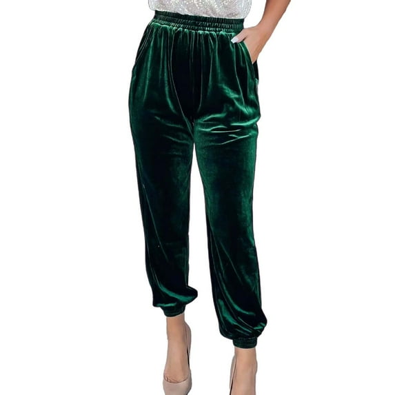 GILIGEGE Women's Elastic Waist Ankle Length Velvet Joggers Pants Winter Regular Velvet Harem Pant High Waist Yoga Trousers Casual Track Cuff Stretch Trousers with Pockets Green XXL