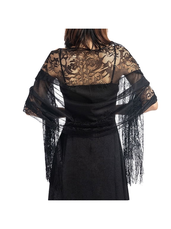 Women's Floral Lace Scarf Shawl Wif Tassels for Women's Evening Dress Sheer Mesh Wedding Shawls Solid Color Fringe Bridal Shawl Scarf 1920S Cape Cardigan for Gatsby Costume Party Black