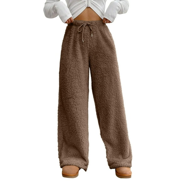 GILIGEGE Women's Fuzzy Plush Pajama Pants Drawstring Elastic Waist Wide Leg Pj Bottoms Lounge Pants Winter Cozy Comfy Lounge Pants Warm Soft Fleece Pajama Bottoms Sleepwear Coffee S