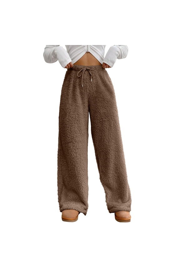 Women's Fuzzy Plush Pajama Pants Drawstring Elastic Waist Wide Leg Pj Bottoms Lounge Pants Winter Cozy Comfy Lounge Pants Warm Soft Fleece Pajama Bottoms Sleepwear Coffee S