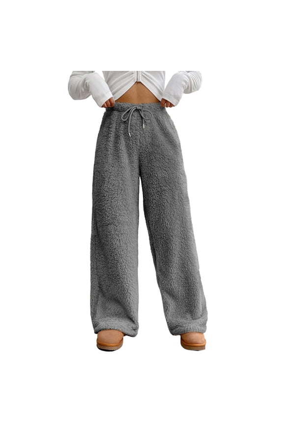 Women's Fuzzy Plush Pajama Pants Drawstring Elastic Waist Wide Leg Teddy Pj Bottoms Winter Cozy Lounge Pants Warm Pajama Bottoms Sleepwear,Soft Fluffy Sleep Pants Comfy Bottoms Sleepwear