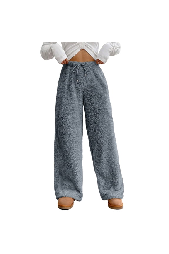 Women's Fuzzy Plush Pajama Pants Drawstring Elastic Waist Wide Leg Teddy Pj Bottoms Winter Cozy Lounge Pants Warm Pajama Bottoms Sleepwear,Soft Fluffy Sleep Pants Comfy Bottoms Sleepwear