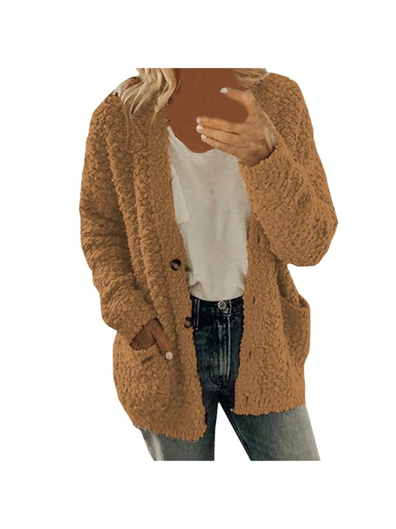 Women's Fuzzy Popcorn Button Down Long Sleeve Cardigan,Chunky Open Front Fleece Jacket,Knit Oversized Sherpa Sweater,Cozy Warm Casual Fall Winter Coats Outerwear with Pockets Coffee 2XL