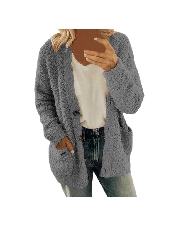 Women's Fuzzy Popcorn Button Down Long Sleeve Cardigan,Chunky Open Front Fleece Jacket,Knit Oversized Sherpa Sweater,Cozy Warm Casual Fall Winter Coats Outerwear with Pockets Dark Gray L