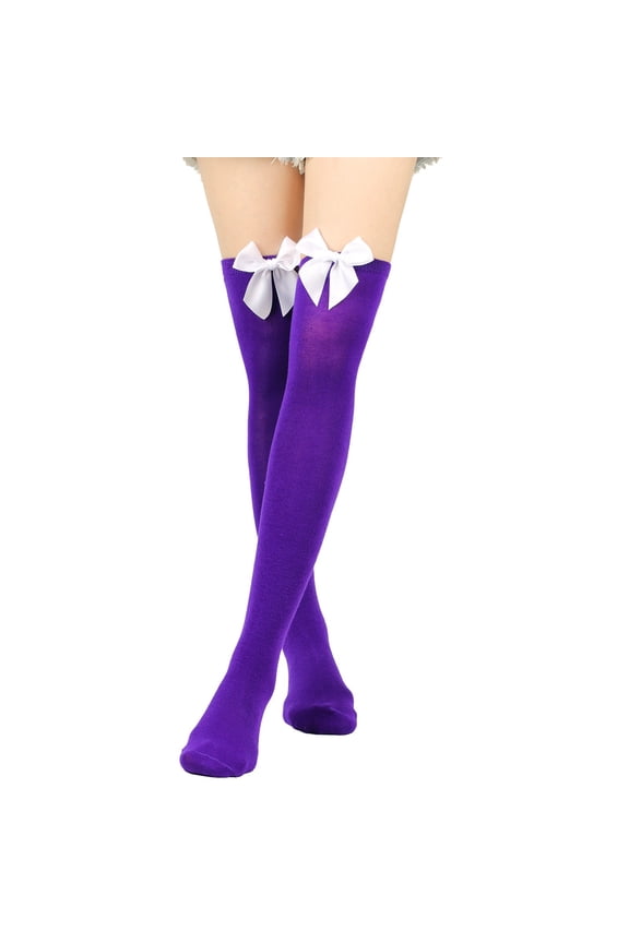 Women's Girls Thigh High Stockings Over the Knee Socks with Satin Bows Long Thigh High Socks Cotton Over the Knee High Socks Thin Thigh High Stockings Pack for Daily Wear Purple