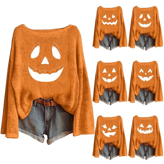 GILIGEGE Women's Halloween Pumpkin Face Print Sweater Off Shoulder Long Sleeve Loose Knit Funny Graphic Pullover Spooky Casual Crewneck Sweatshirt Trendy Fall Jumper Top Pink