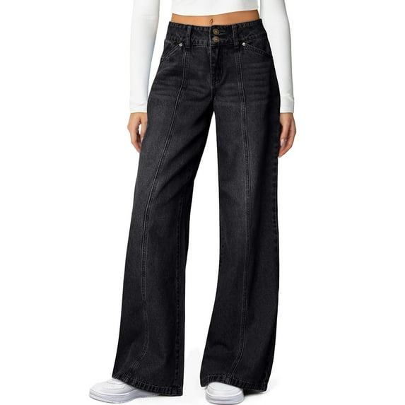 GILIGEGE Women's High Waisted Wide Leg Stretchy Jeans Soft Comfy Denim Pants,Seamed Front,Full Length,Double Buttons,Relxed Fit Trendy Jeans with Pockets,Casual Daily Wear Black