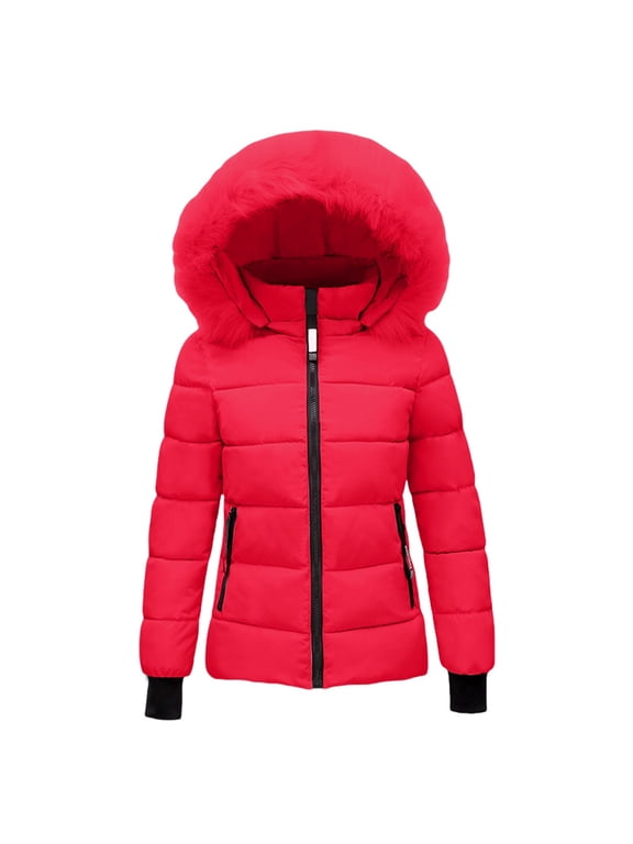 Women's Hooded Quilted Thickened Puffer Winter Ski Coat,Faux‑Fur‑Lined Comfy Outerwear,Warm Loose Shell Jacket for Cold‑Weather Outdoor Snow Sports Daily Occasions Red L