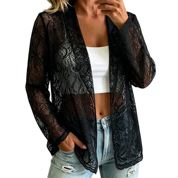 GILIGEGE Women's Lace Blazer Open Front Sheer Mesh Blazer Coats,Bolero Shrugs Crochet Lace Open Cardigan,Elegant Long Sleeve Casual Lightweight Dressy Summer Jacket Black L
