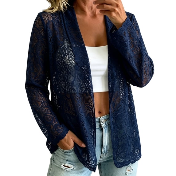 GILIGEGE Women's Lace Blazer Open Front Sheer Mesh Blazer Coats,Bolero Shrugs Crochet Lace Open Cardigan,Elegant Long Sleeve Casual Lightweight Dressy Summer Jacket Navy 2XL