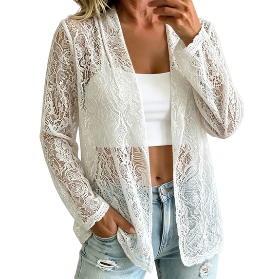GILIGEGE Women's Lace Blazer Open Front Sheer Mesh Blazer Coats,Bolero Shrugs Crochet Lace Open Cardigan,Elegant Long Sleeve Casual Lightweight Dressy Summer Jacket White S