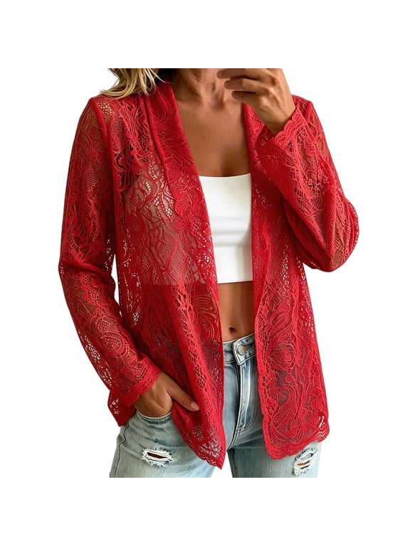 Women's Lace Blazer Open Front Sheer Mesh Blazer Coats,Bolero Shrugs Crochet Lace Open Cardigan,Elegant Long Sleeve Casual Lightweight Dressy Summer Jacket Red M