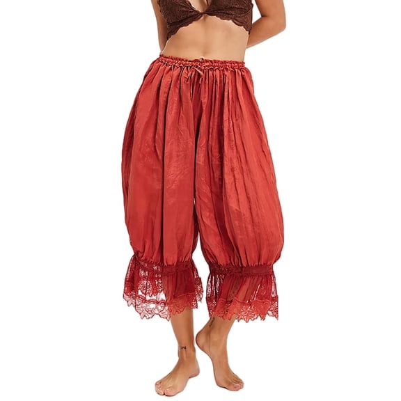 GILIGEGE Women's Lace Trim Long Bloomers Elastic Mid Rise Ruffle Pantaloons Cropped Flared Slips Pants Y2K Pajama Bottoms,Victorian Capri Pants Red L