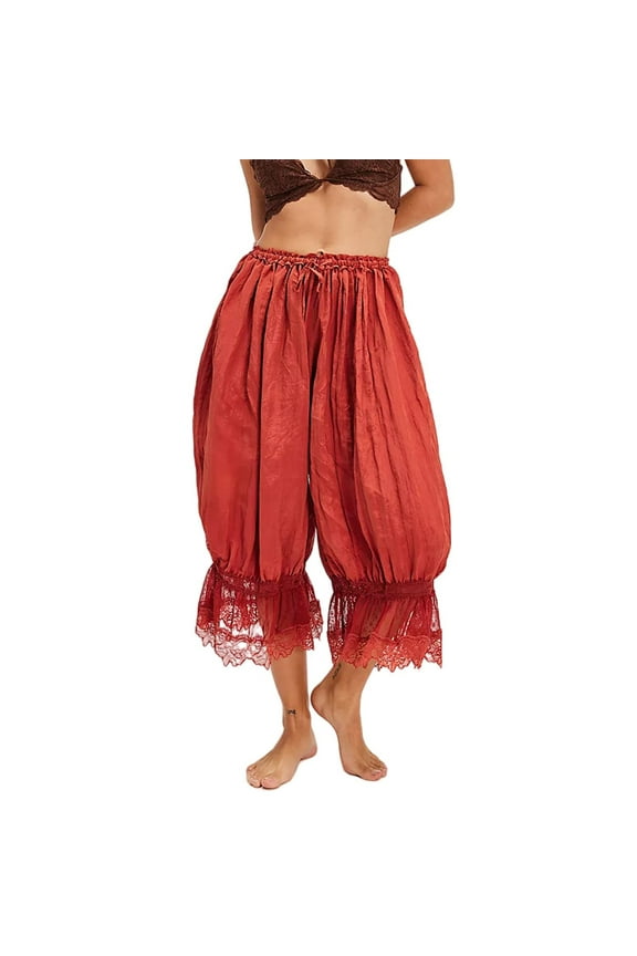 Women's Lace Trim Long Bloomers Elastic Mid Rise Ruffle Pantaloons Cropped Flared Slips Pants Y2K Pajama Bottoms,Victorian Capri Pants Red S