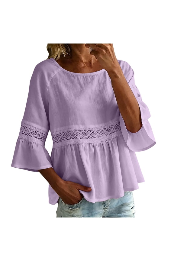 Women's Linen Blouses Breathable Vacation Clothes Poet Shirt Lightweight Flowy Blouses Plus Size Flowy Blouse Blusas De Lino Para Mujer Vintage Mexican Blouse Gauze Tops for Women Purple L