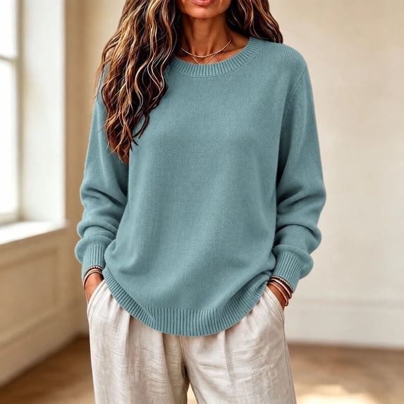 GILIGEGE Women’s Long Sleeve Crew Neck Cropped Sweaters,Lightweight Pullover Tops,Work Business Casual Outfits,Soft Knit Fall Sweater,Winter Clothing,Classic Basic Everyday Layer Blue L