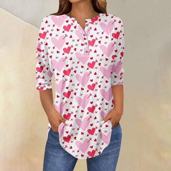 GILIGEGE Women's Long Sleeve Valentines Tops Dressy Casual Henley V Neck Tee Shirts 2026 Fall Fashion Trendy Button Down Tunic Blouses,Curvy Hem Henley Blouses Graphic Tees,Valentines Day Gifts
