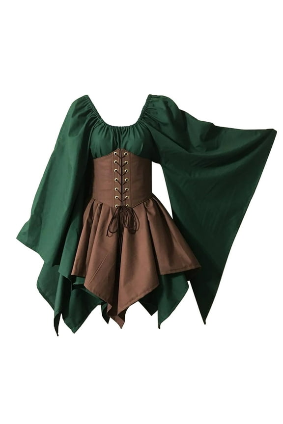 Women's Medieval Renaissance Dress Butterfly Sleeve Corset Steampunk Mini Dresses Traditional Irish Fairy Viking Dresses Irish Shirt Long Sleeve Corset Dress Green S