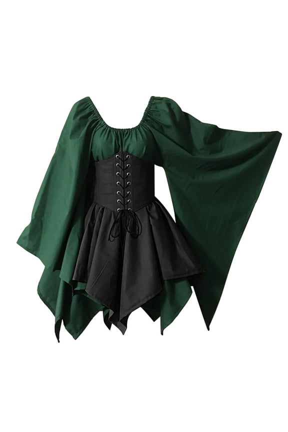 Women's Medieval Renaissance Dress Butterfly Sleeve Corset Steampunk Mini Dresses Traditional Irish Fairy Viking Dresses Irish Shirt Long Sleeve Corset Dress Army Green 3Xl