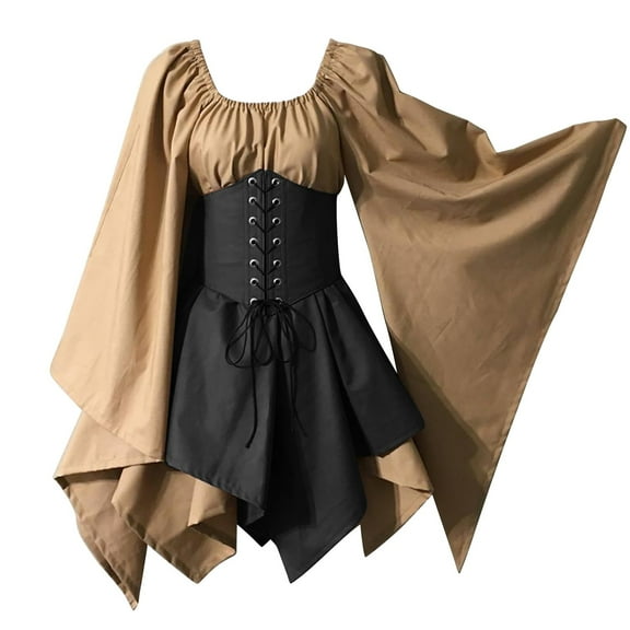 GILIGEGE Women's Medieval Renaissance Dress Butterfly Sleeve Corset Steampunk Mini Dresses Traditional Irish Fairy Viking Dresses Irish Shirt Long Sleeve Corset Dress Coffee 5Xl
