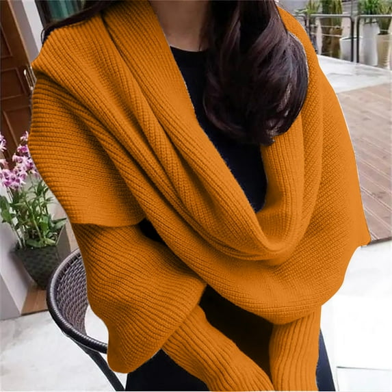 GILIGEGE Women's Multifunctional Knitted Cable Wrap Scarf with Sleeves,Sweater Scarf Cozy Knitted Wrap Shawl Autumn Winter Warm Crochet Cape Blanket Cropped Sweater Wrap Knitted Scarf with Sleeves