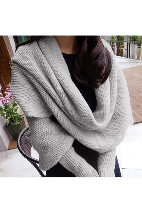 Women's Multifunctional Knitted Cable Wrap Scarf with Sleeves,Sweater Scarf Cozy Knitted Wrap Shawl Autumn Winter Warm Crochet Cape Blanket Cropped Sweater Wrap Knitted Scarf with Sleeves