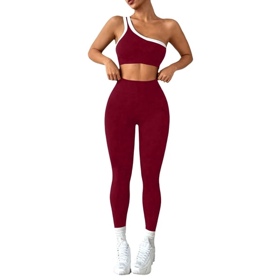 GILIGEGE Women's One Shoulder Contrast Trim Workout 2 Piece Set,Crop Sports Bra&High Waist Tight Yoga Leggings,Solid Color Textured Activewear for Pilates,Outdoor Fitness and Casual Outfits Wine L