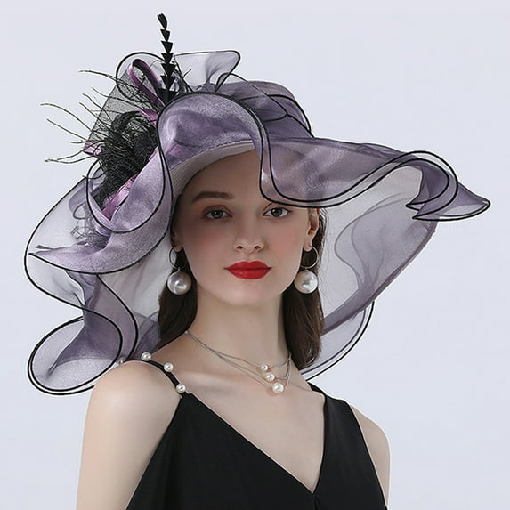 GILIGEGE Women's Organza Fascinator Church Derby Hat Floral Tea Party Wedding Hat Women's Street Photography Flower Sun Visor Hat Personality Good Wear Big Brim Hat Travel Outing Curly Edge Hat