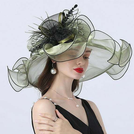 GILIGEGE Women's Organza Fascinator Church Derby Hat Floral Tea Party Wedding Hat Women's Street Photography Flower Sun Visor Hat Personality Good Wear Big Brim Hat Travel Outing Curly Edge Hat