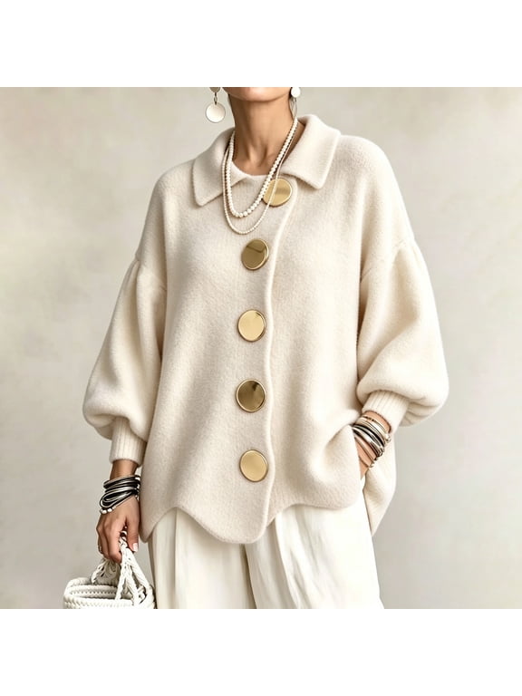 Women's Oversized Collared Knit Sweater with Large Metal Buttons,Lantern Long Sleeve Wavy Hem Loose Fall Knit Sweater Coat,Comfortable & Warm,Loose-Fitting Fall Winter Knitted Cardigan White