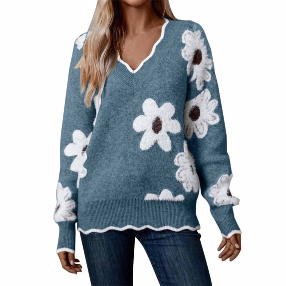GILIGEGE Women's Oversized V Neck Fuzzy Sweater Chunky Knit Tops,2026 Long Sleeve Comfy,Flower Printed Pullover,Soft Loose Fit,Fall Clothes Ribbed Lightweight Teacher Outfits,Cute,Stylish Blue S