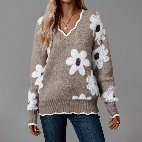 GILIGEGE Women's Oversized V Neck Fuzzy Sweater Chunky Knit Tops,2026 Long Sleeve Comfy,Flower Printed Pullover,Soft Loose Fit,Fall Clothes Ribbed Lightweight Teacher Outfits,Cute,Stylish Dark Gray