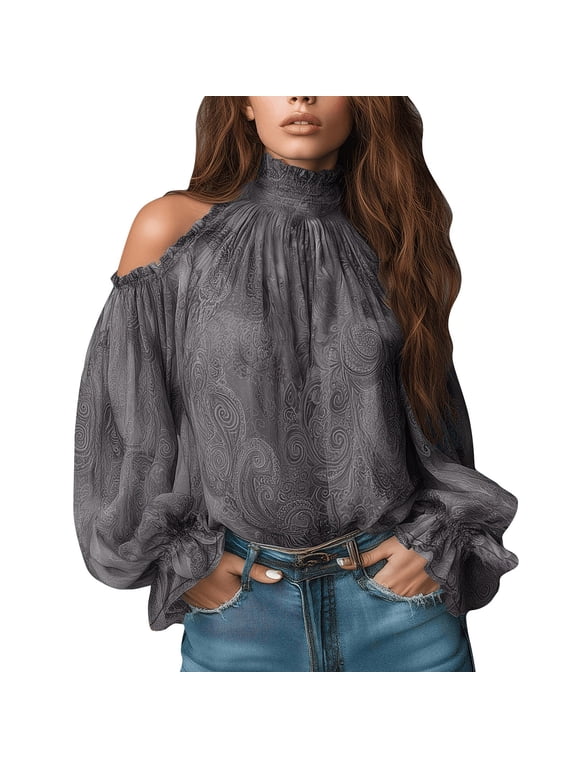 Women's Paisley Cold Shoulder Blouse High Neck Long Sleeve Boho Tops,Vintage Sheer Peasant Tops Casual Loose Floral Shirts for Party,Vacation & Daily Wear Grey 2XL