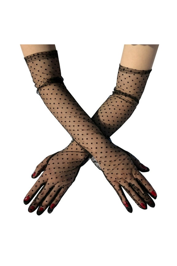 Women's Polka Dot Mesh Gloves Lace Tulle Organza Extra Long Evening Glove 1 Pair,Lace Arm Warmers Lace Gloves Wedding Gloves - Elbow Length Evening & Tea Party Gloves for Women Black One Size