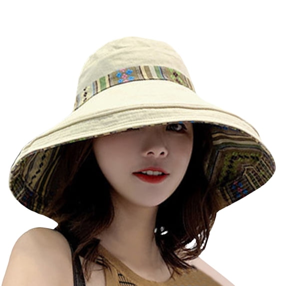 GILIGEGE Women's Reversible Bucket Hat Wide Brim Sun Hats Foldable Beach Hat with Chin Strap Uv Protection Packable Ethnic Wind Travel Cap Breathable Cover Folding Sun Hat Summer Hat for Travel Beige