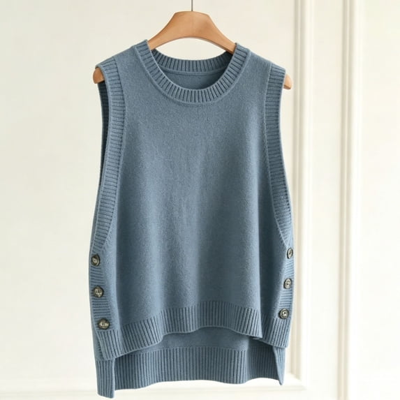 GILIGEGE Women's Round Neck Sleeveless Pullover Ribbed Knit Sweater Vest,Pullover or Side Button,Fitted Ribbed Knitted,Lightweight Soft Comfy,Vacation Travel Work Vest,Cute Striped Knit Vest Blue A