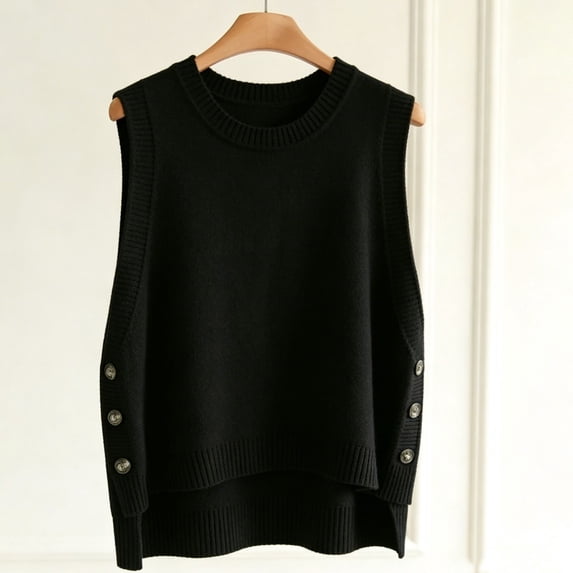 GILIGEGE Women's Round Neck Sleeveless Pullover Ribbed Knit Sweater Vest,Pullover or Side Button,Fitted Ribbed Knitted,Lightweight Soft Comfy,Vacation Travel Work Vest,Cute Striped Knit Vest Black A