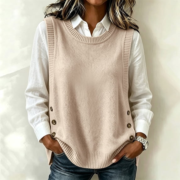 GILIGEGE Women's Round Neck Sleeveless Pullover Ribbed Knit Sweater Vest,Pullover or Side Button,Fitted Ribbed Knitted,Lightweight Soft Comfy,Vacation Travel Work Vest,Cute Striped Knit Vest Beige A