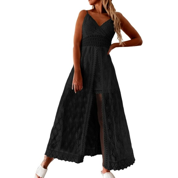 GILIGEGE Women's Ruching Smocking Jumpsuit Summer Slip V Neck Backless Maxi High Low Womens Rompers for Summer Summer Dress Lace Tassels Spaghetti Strap Dress Casual Dresses Hi Beach Maxi Dress