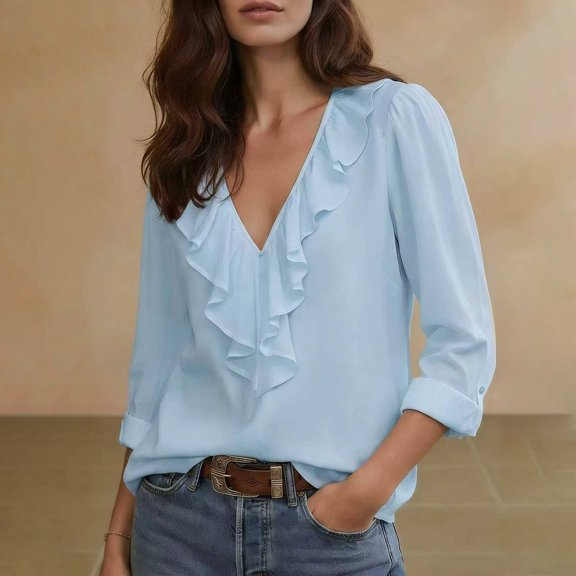 GILIGEGE Women's Ruffled Front Top Blouses,Dressy Business Casual Button Up 3/4 Length Sleeve V Neck Shirts,Work Office Outfits,Victorian Shirt Top,Flounce Long Sleeve Elegant Dressy Shirt Light Blue