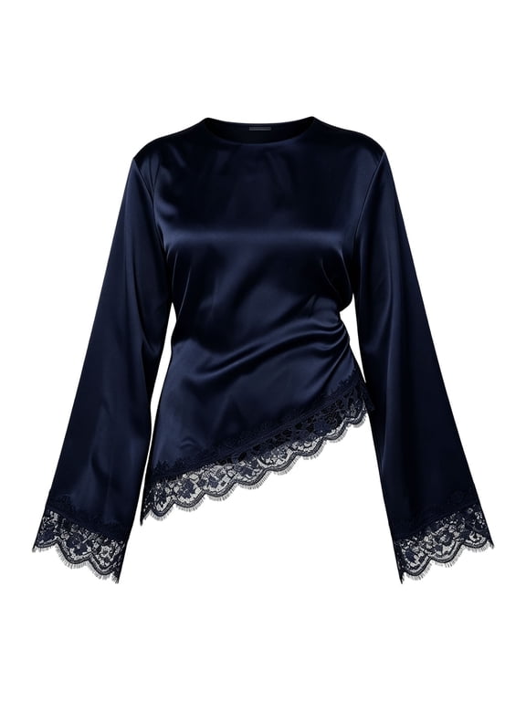 Women's Satin Lace Trim Blouse Round Neck Long Sleeve Asymmetrical Cinched Waist Top,Elegant Daily Office Top,Going Out,Y2k,Party Concert,Work,Formal Pullover Fall Fashion Clothes Dark Blue