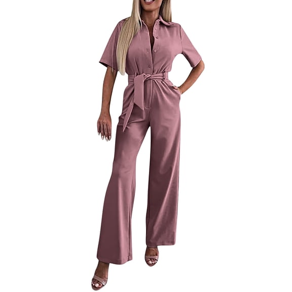 GILIGEGE Women's Short Sleeve Collared Coverall Button Down Tie Waist Cotton Cargo Jumpsuit Loose Long Cotton Bib Overalls Baggy Jumpsuits Rompers Jumpsuit Women's Elegant Long Short Sleeve Plain Jum
