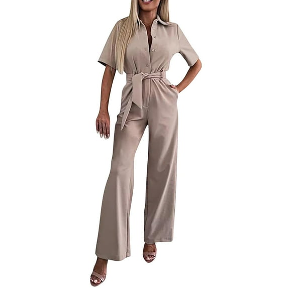 GILIGEGE Women's Short Sleeve Collared Coverall Button Down Tie Waist Cotton Cargo Jumpsuit Loose Long Cotton Bib Overalls Baggy Jumpsuits Rompers Jumpsuit Women's Elegant Long Short Sleeve Plain Jum