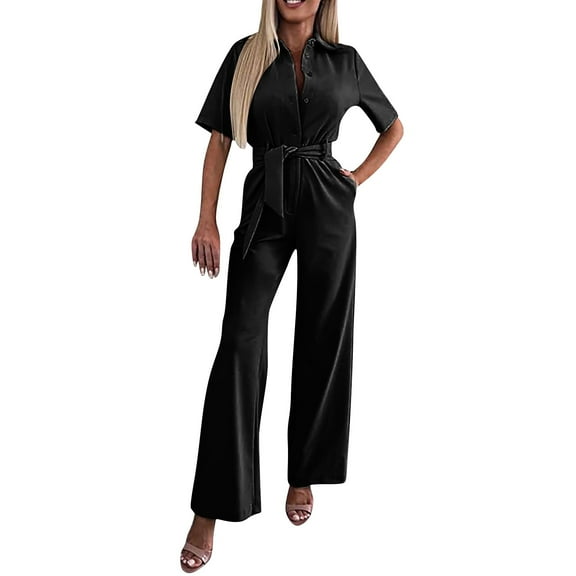 GILIGEGE Women's Short Sleeve Collared Coverall Button Down Tie Waist Cotton Cargo Jumpsuit Loose Long Cotton Bib Overalls Baggy Jumpsuits Rompers Jumpsuit Women's Elegant Long Short Sleeve Plain Jum