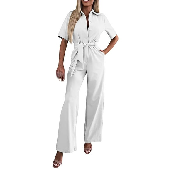 GILIGEGE Women's Short Sleeve Collared Coverall Button Down Tie Waist Cotton Cargo Jumpsuit Loose Long Cotton Bib Overalls Baggy Jumpsuits Rompers Jumpsuit Women's Elegant Long Short Sleeve Plain Jum
