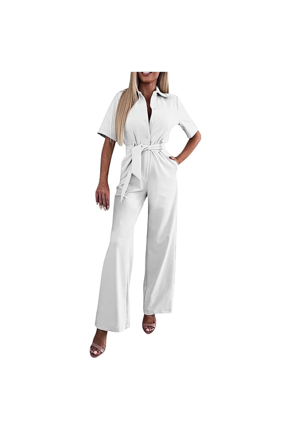 Women's Short Sleeve Collared Coverall Button Down Tie Waist Cotton Cargo Jumpsuit Loose Long Cotton Bib Overalls Baggy Jumpsuits Rompers Jumpsuit Women's Elegant Long Short Sleeve Plain Jum